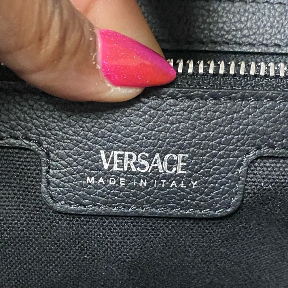 VERSACE Black Large Tote Bag w/Silver Medusa and Branded Dust Bag, EUC
